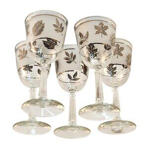 Set Of 5 Vintage Libby Leaf Design Wine Glasses With Silver Holly & Maple Accent